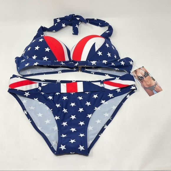 NWT! USA 2 Piece Bikini Set w/ Padded Halter Push Up Top & Belted Bikini Bottoms - Picture 2 of 11